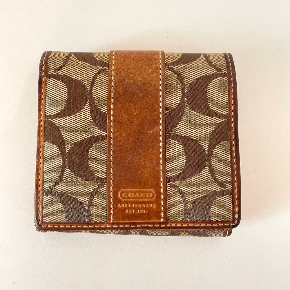 Coach Signature Canvas Leather Compact Double Sided Bifold Snap Wallet